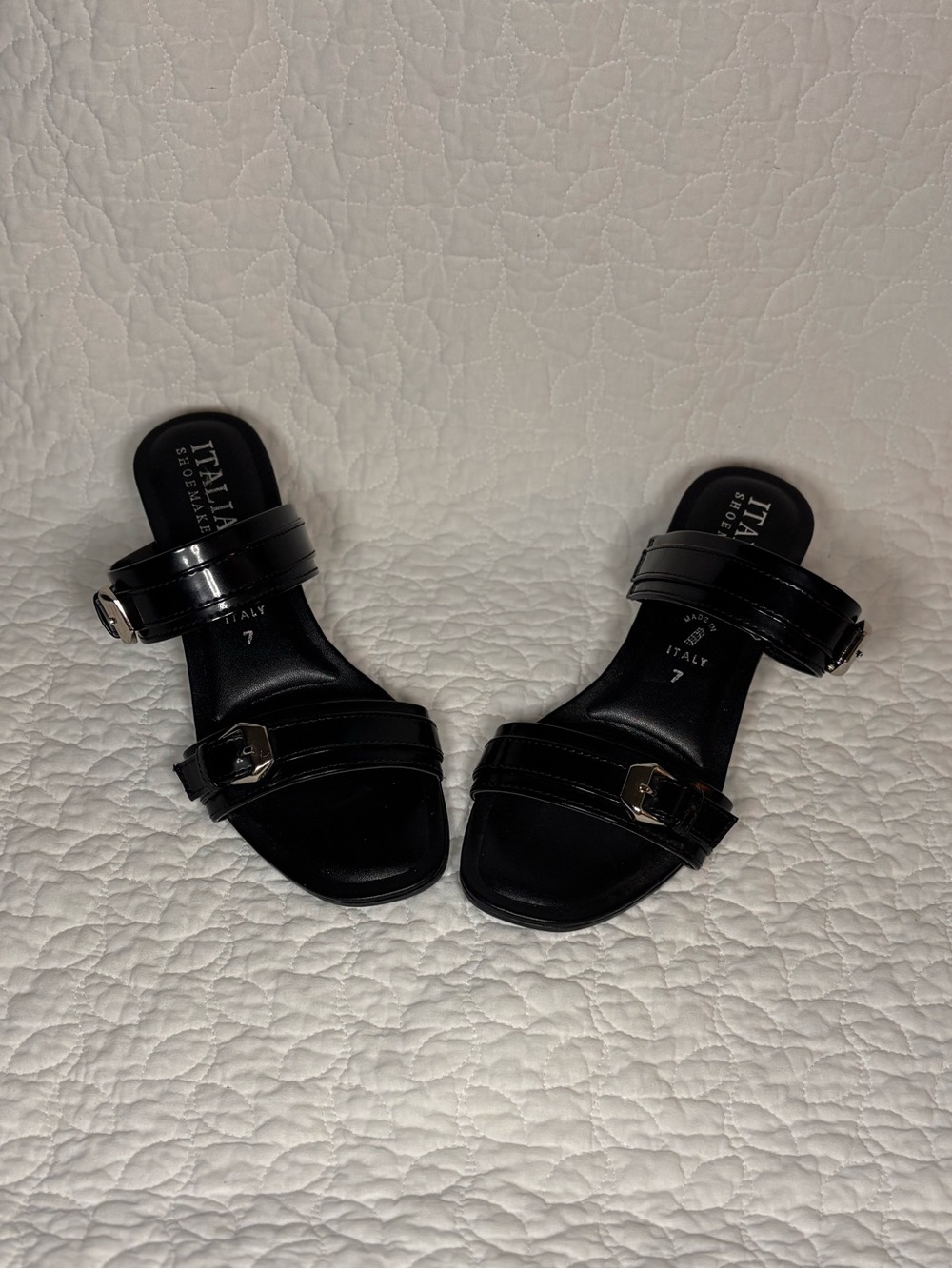 Italian Shoemakers Black Slide Sandal with Gold Buckle